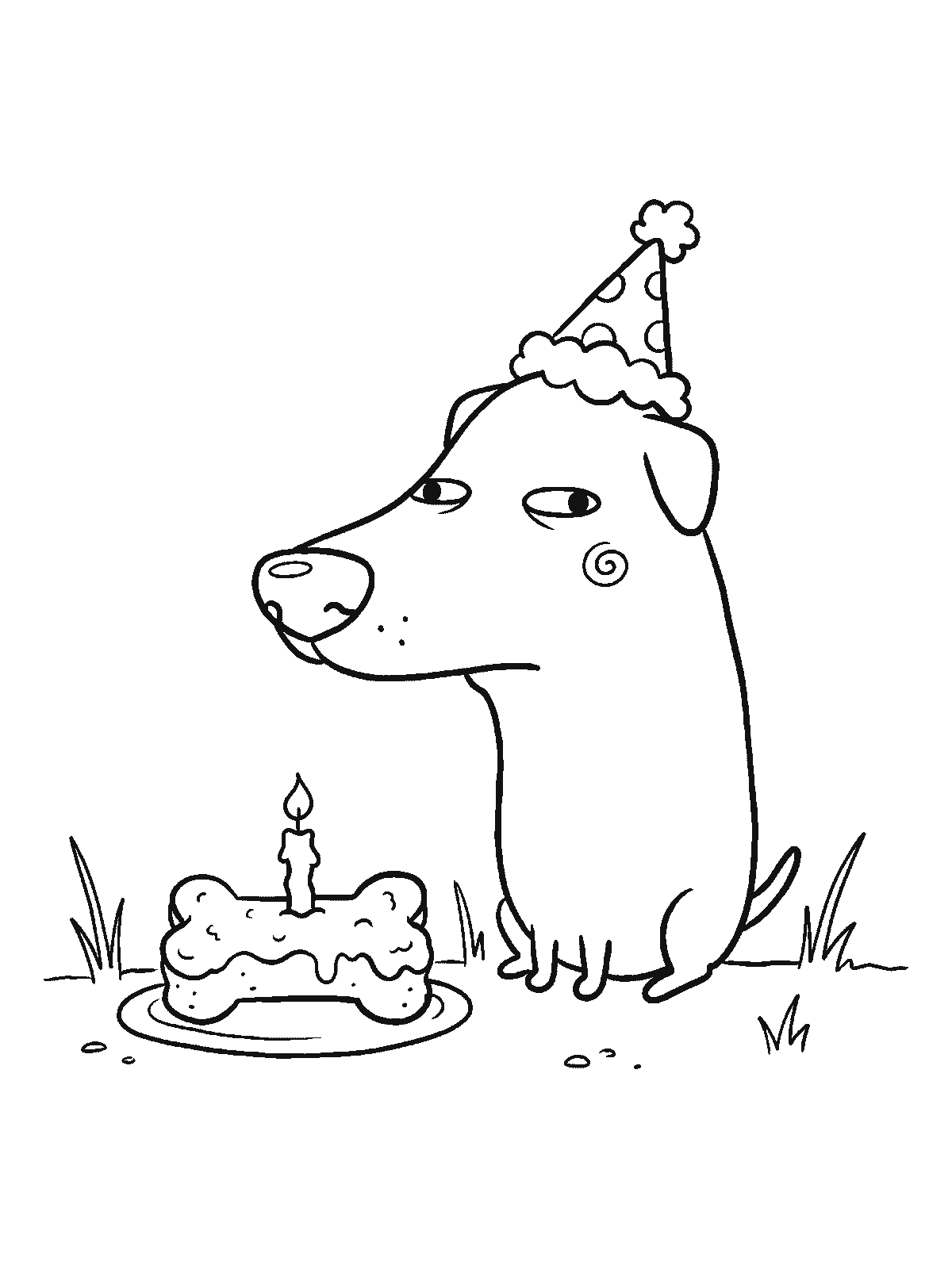 Printable coloring page: a dog in a party hat sits in front of a bone-shaped birthday cake with one candle, glancing sideways