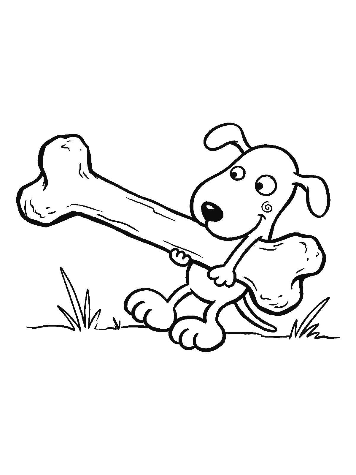 Printable coloring page: a small puppy holds a huge bone, much bigger than itself, in its front paws and smiles