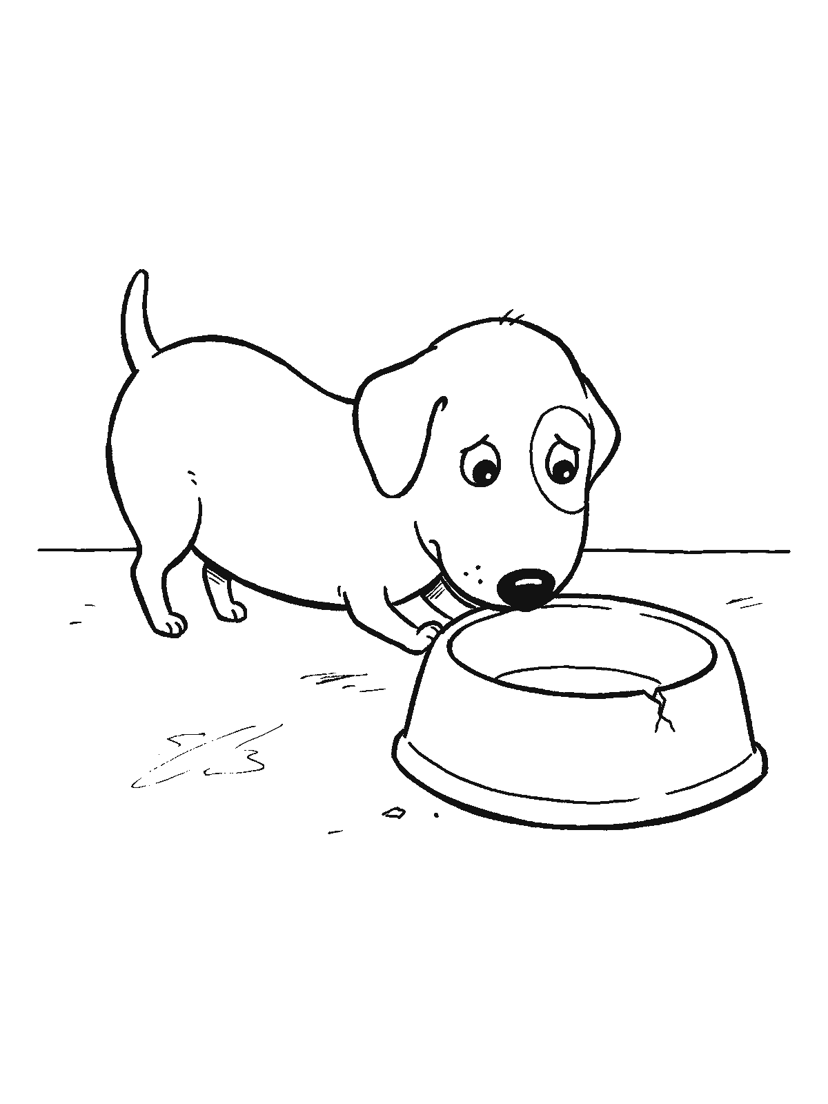 Printable coloring page: a puppy with droopy ears looks into its empty food bowl with sad eyes