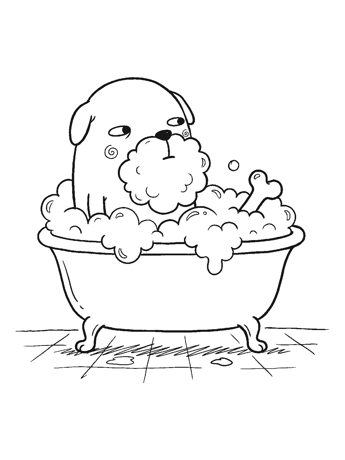 Printable coloring page: a puppy sits in a bathtub full of foam with a big bubble beard on its chin and a rubber bone floating nearby