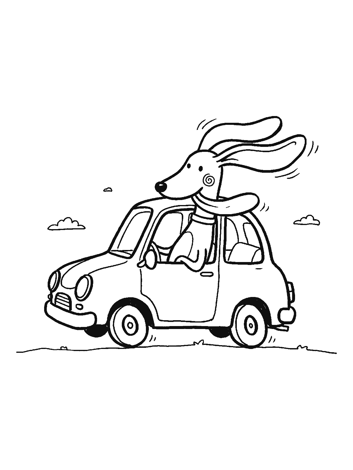 Printable coloring page: a small car drives down the road with a dog's head sticking out of the side window, ears flapping in the wind