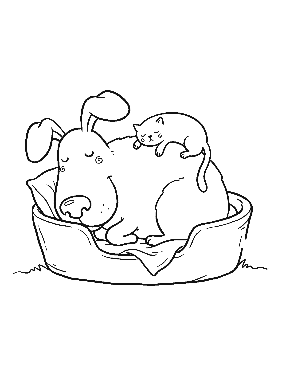 Printable coloring page: a big dog sleeps in its dog bed with a small cat curled up asleep on its back