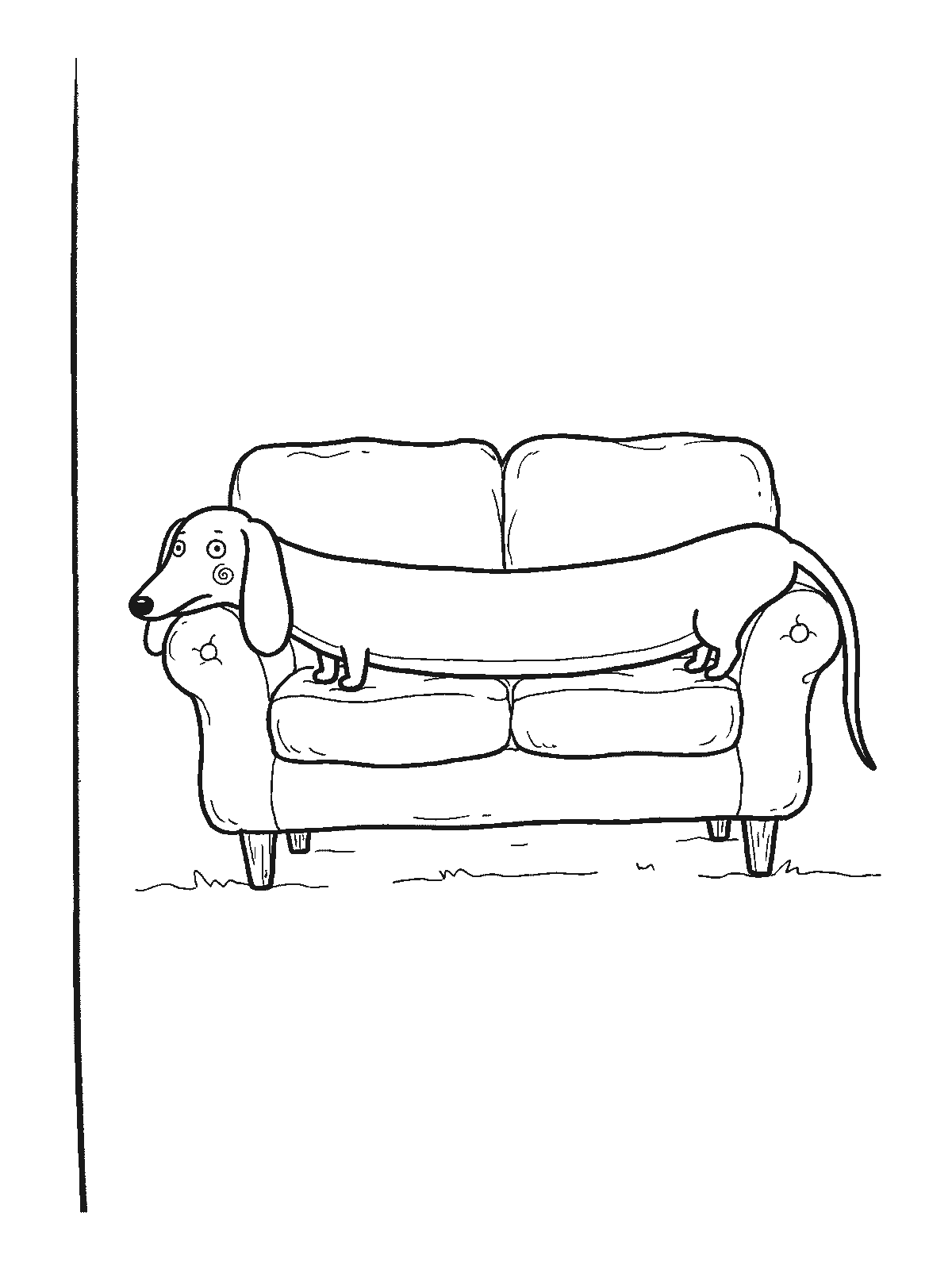 Printable coloring page: an extremely long dachshund stretched out along a whole couch, its head at one end and its tail hanging off the other
