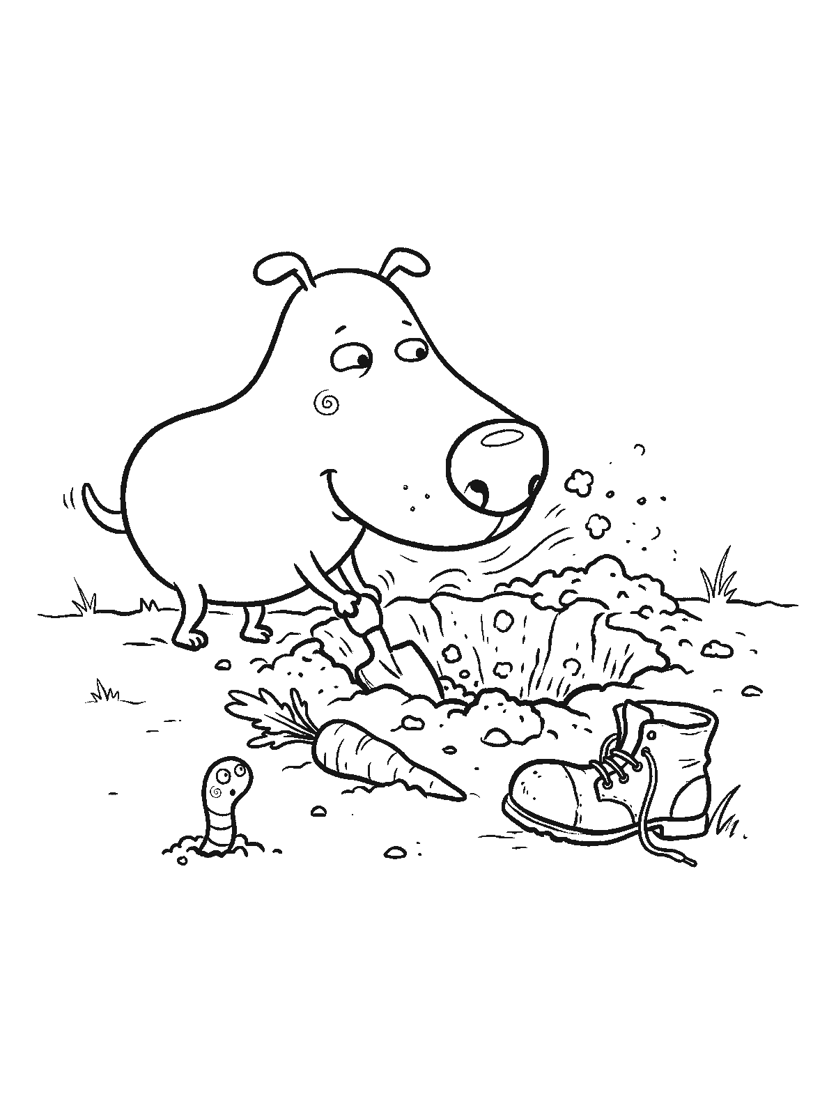 Printable coloring page: a dog digs a hole in the garden with dirt flying, a carrot and an old boot beside the hole and a surprised worm peeking out
