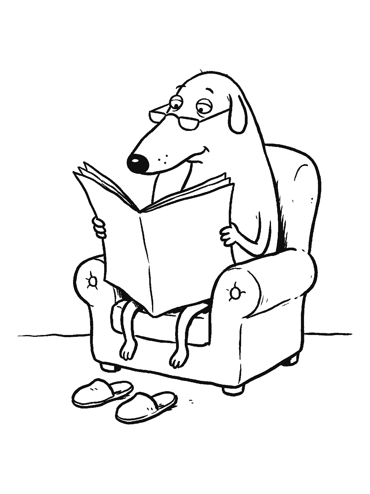 Printable coloring page: an older dog wearing glasses sits in an armchair reading a newspaper, with slippers on the floor
