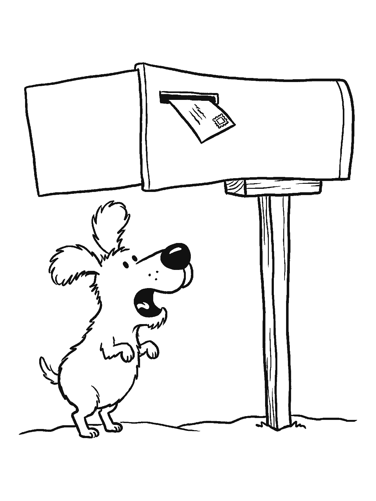 Printable coloring page: a small fluffy dog standing on its hind legs bravely barks at a big mailbox on a post with a letter sticking out