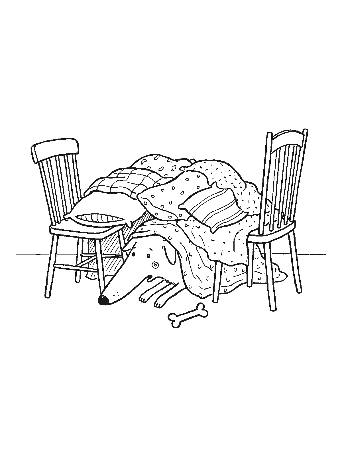 Printable coloring page: a blanket and pillow fort built between two chairs, with a dog peeking out from under the blanket and a bone at the entrance