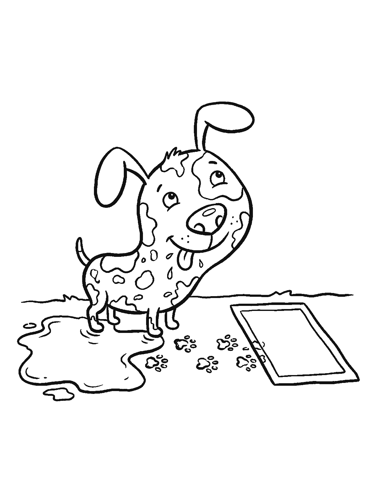 Printable coloring page: a happy puppy covered in mud spots stands next to a muddy puddle, with muddy paw prints leading to a clean doormat