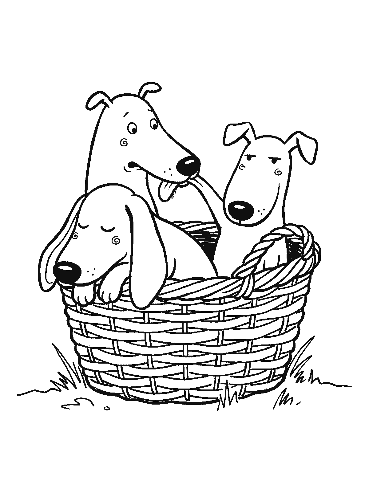 Printable coloring page: three puppies in a wicker basket; one asleep, one leaning over the rim and one chewing on the sleeping puppy's ear