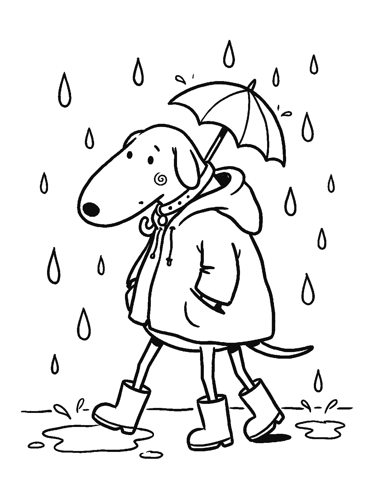 Printable coloring page: a dog in a raincoat and rain boots walks in the rain with a small umbrella, with puddles under its paws