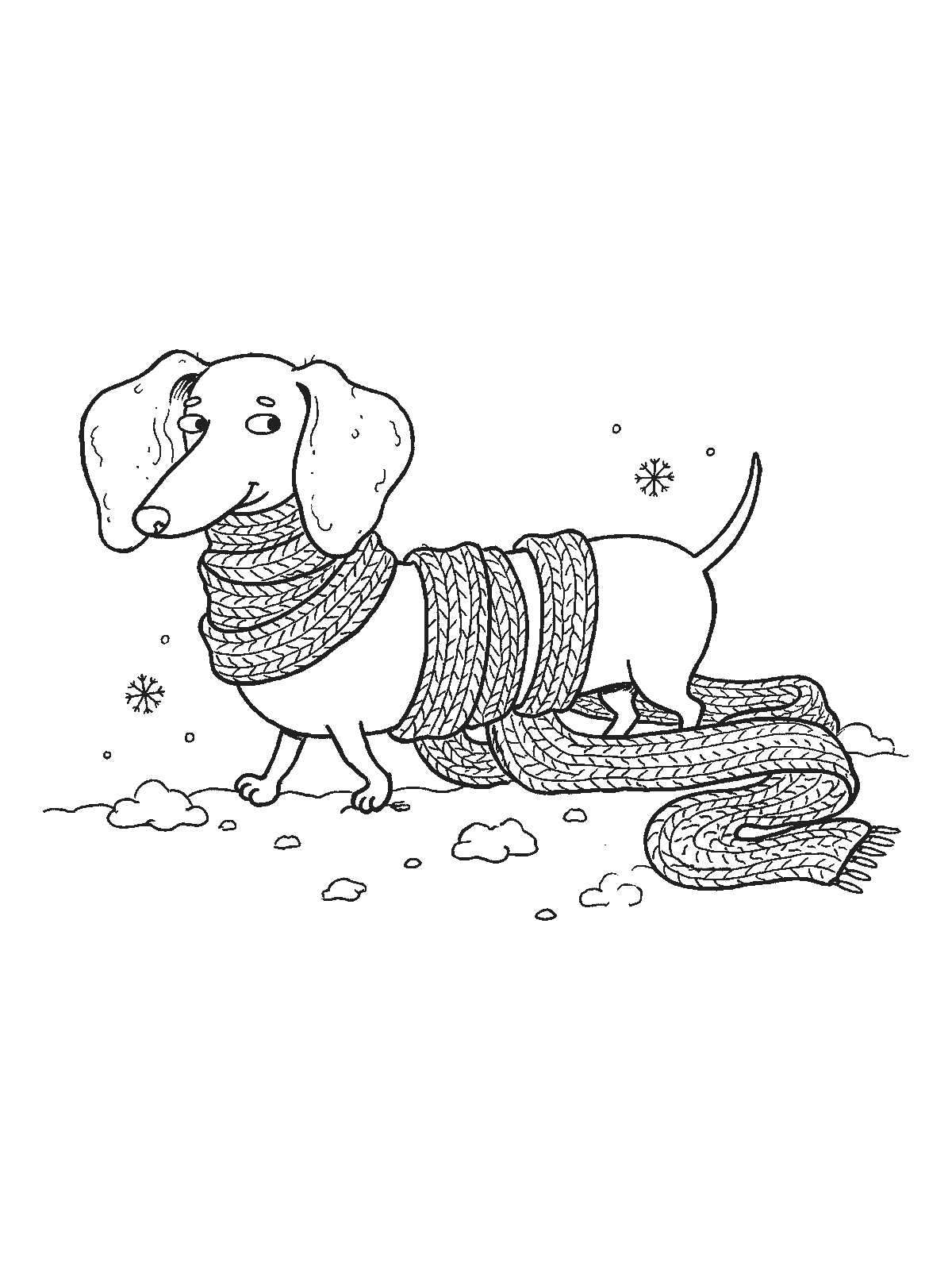 Printable coloring page: a dachshund walks through the snow wearing an extremely long knitted scarf wrapped several times around its long body