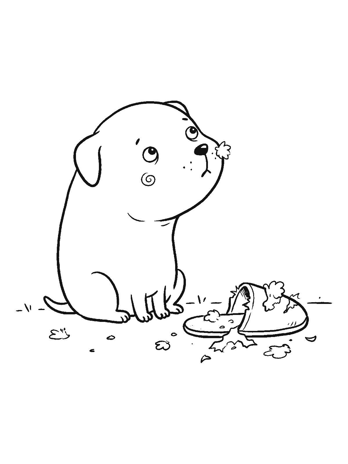 Printable coloring page: a puppy sits beside a chewed-up slipper with fluff all around and a bit of fluff stuck to its nose