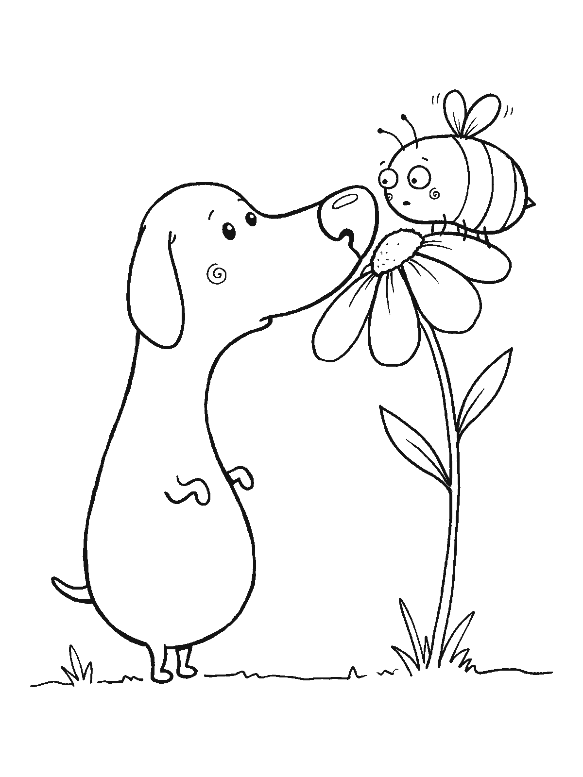 Printable coloring page: a dog sniffs a big flower while a bee sitting on the flower stares right at the dog's nose