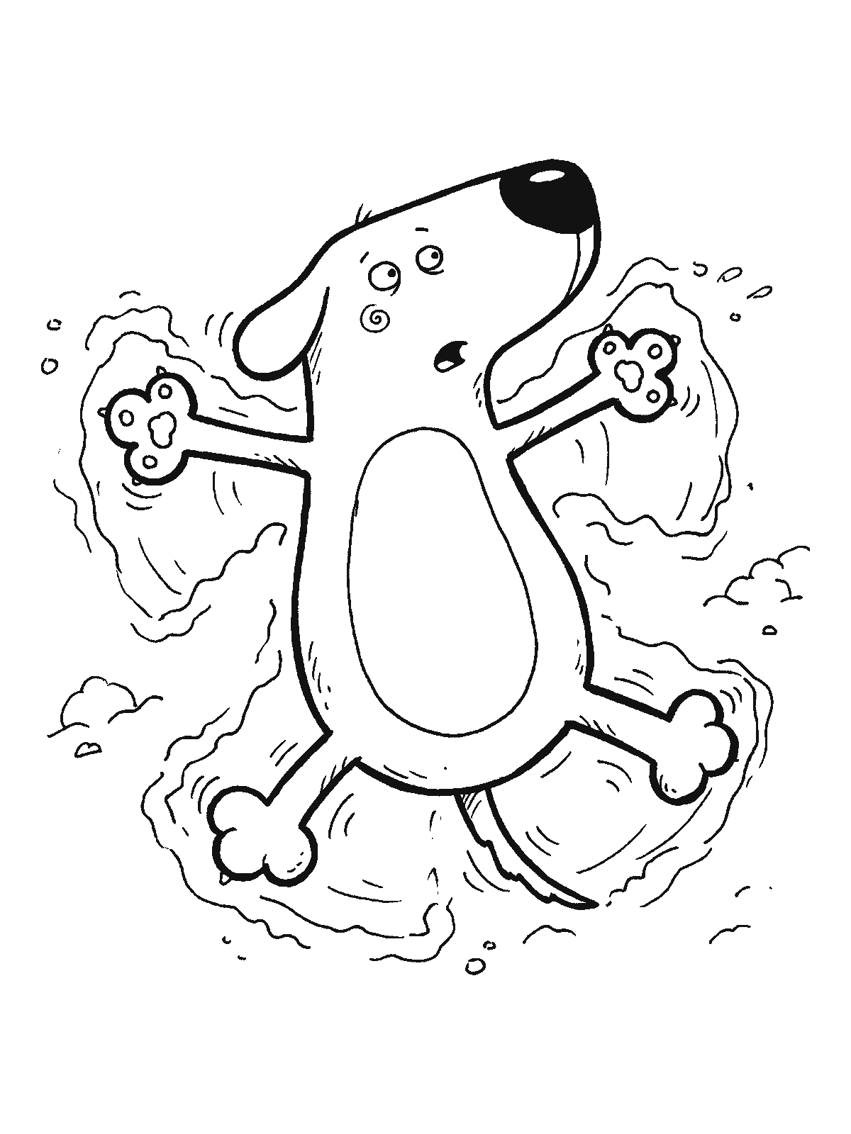 Printable coloring page: a dog lies on its back in the snow with its legs spread, and the shape of a snow angel is pressed into the snow around it