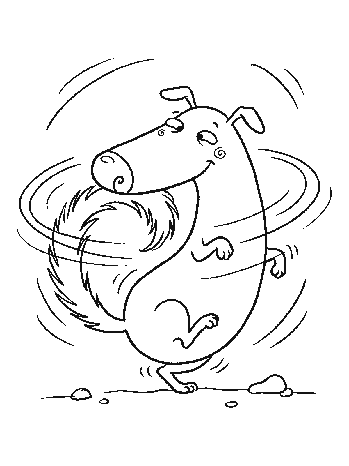 Printable coloring page: a dog spins in a circle chasing its own tail, with motion lines showing how fast it's turning