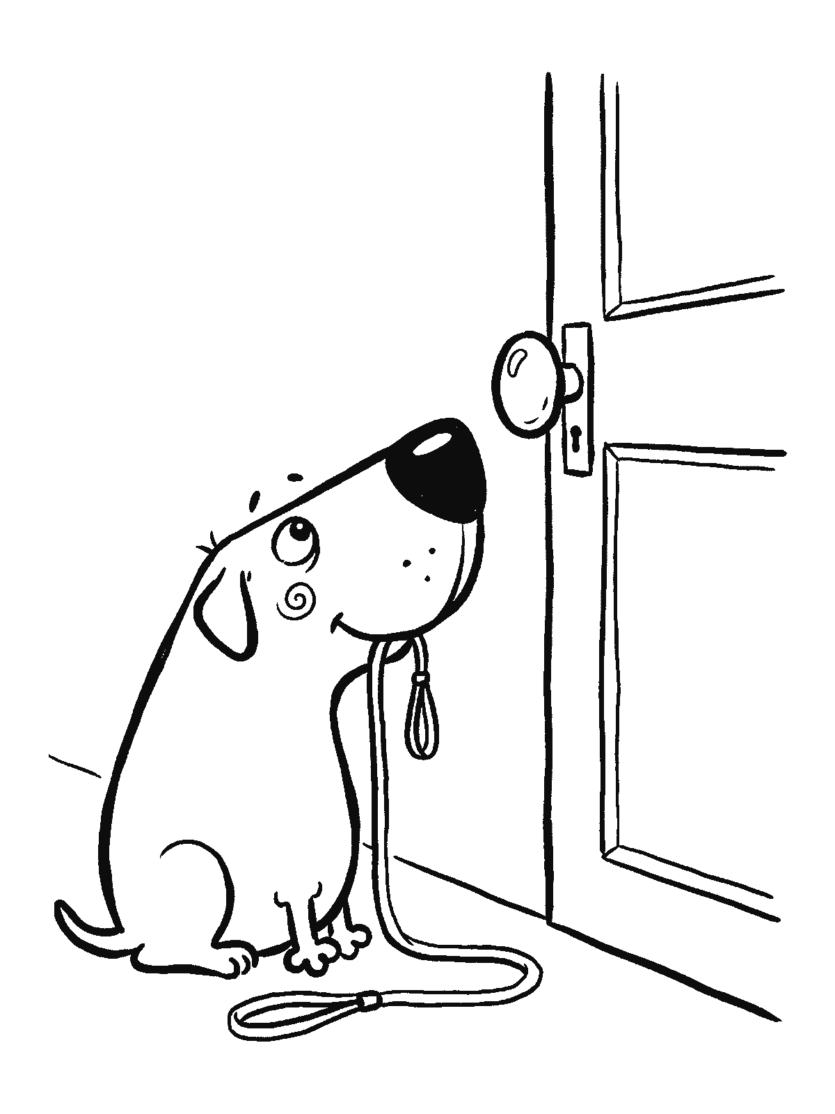 Printable coloring page: a dog sits by the front door holding its own leash in its mouth and looking hopefully up at the doorknob