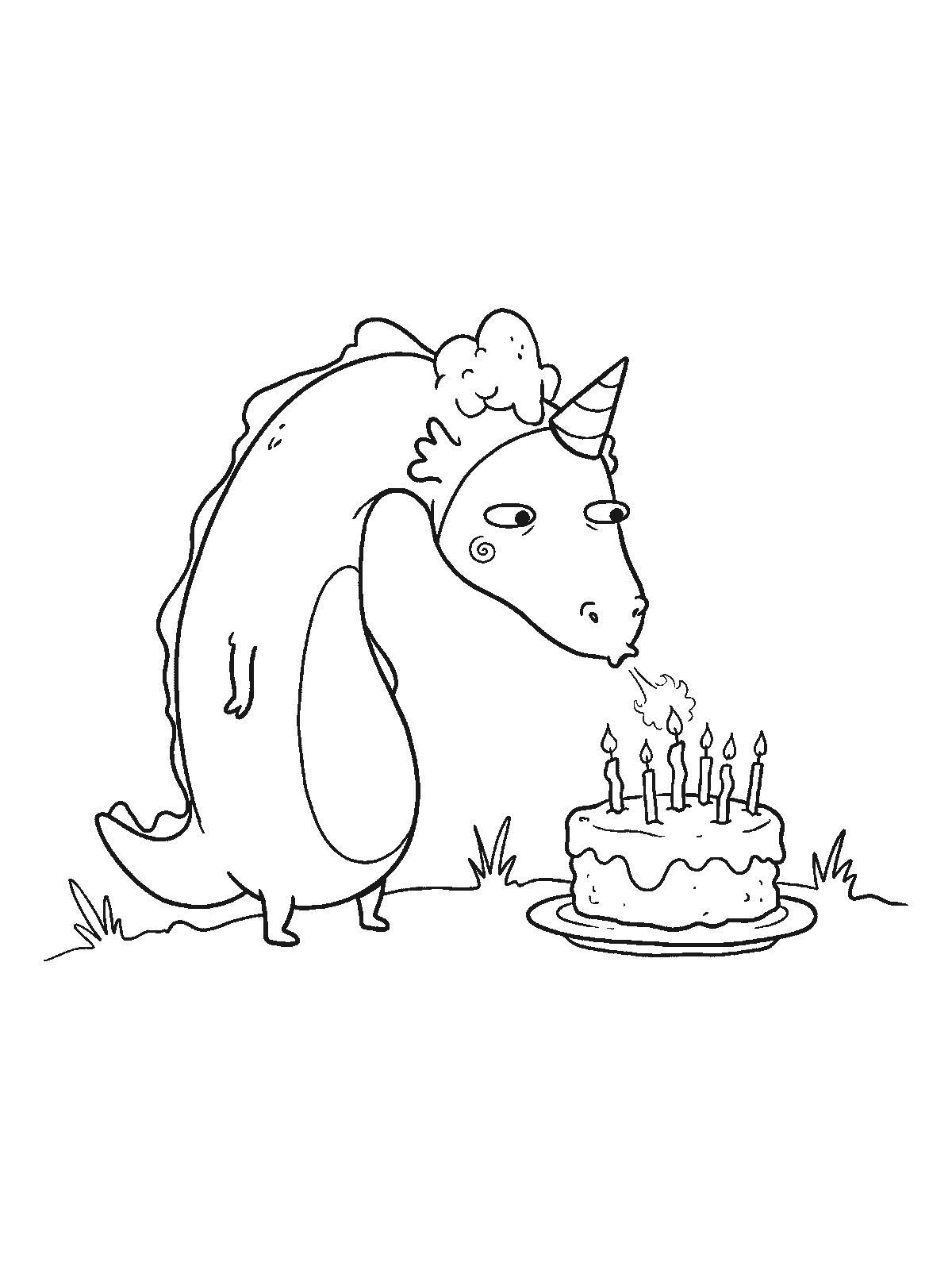 Coloring page: a dragon carefully lighting the candles on a birthday cake with one very small puff of fire, a party hat on its head