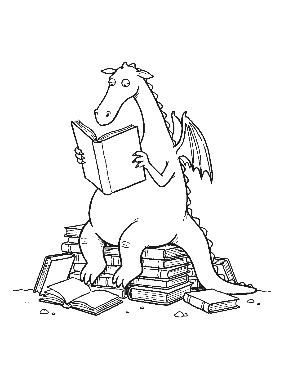 Coloring page: a dragon sitting on a big pile of books instead of treasure, holding one open book with blank pages and reading it