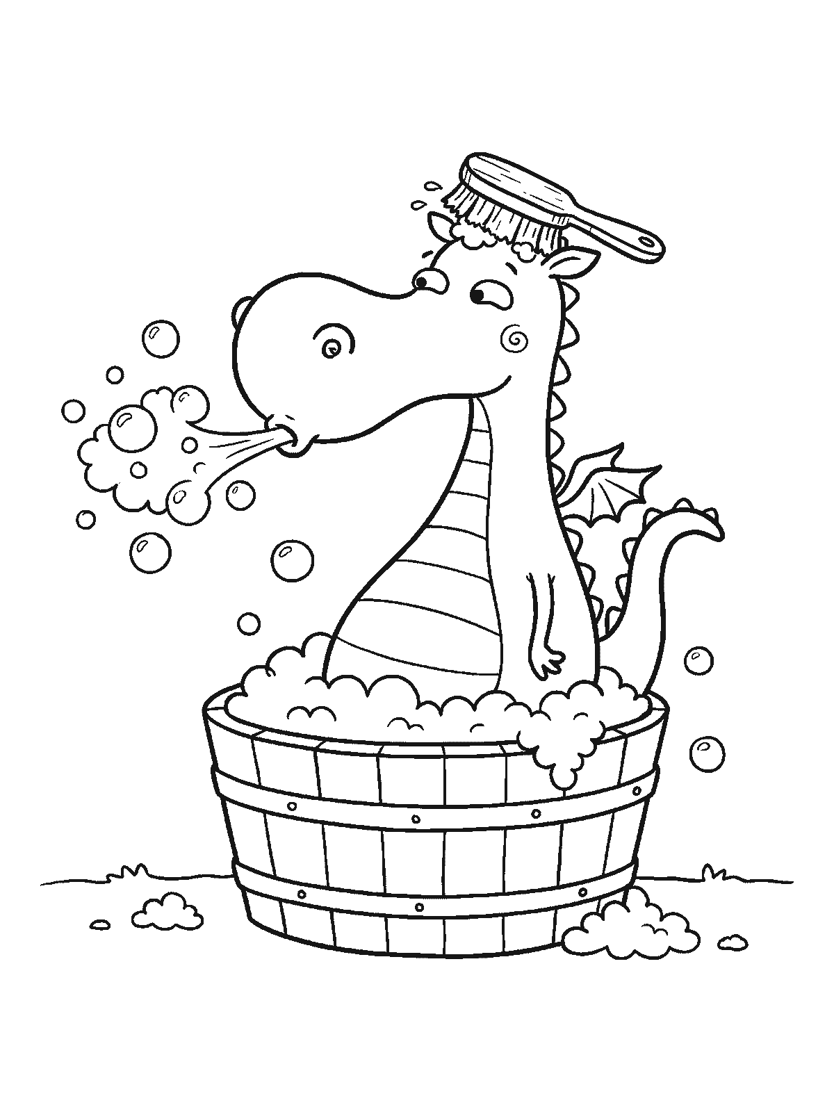 Coloring page: a dragon sitting in a round wooden tub full of foam, blowing soap bubbles instead of fire, a scrubbing brush balanced on its head