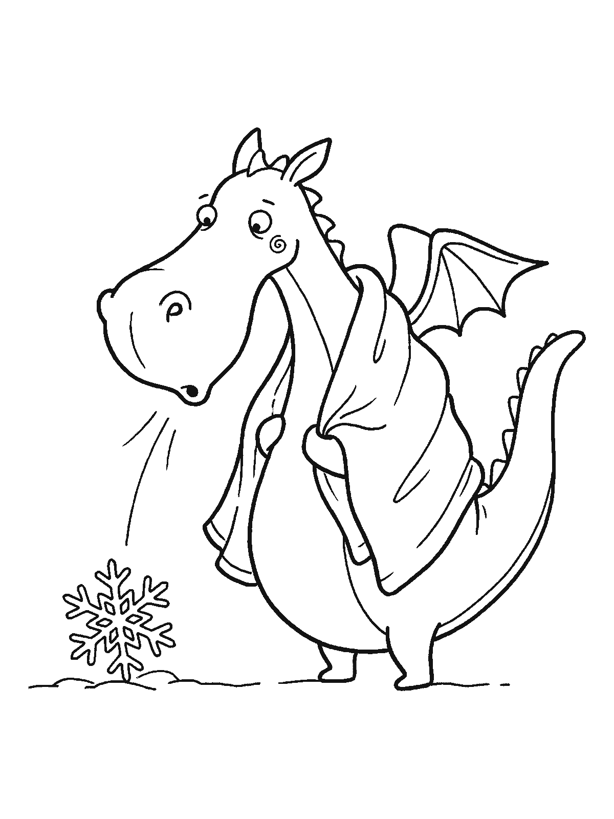 Ausmalbild: Ein Drache mit einer Decke über den Schultern hat gerade geniest, und statt Feuer kam eine große Schneeflocke heraus