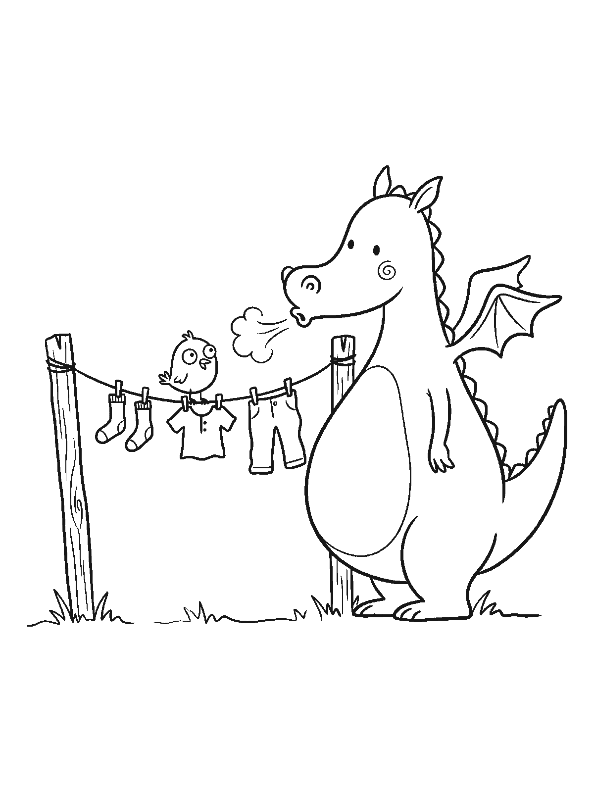 Coloring page: a friendly dragon gently blowing warm air at a washing line hung with small clothes to dry them, a bird sitting on the line holding on tight