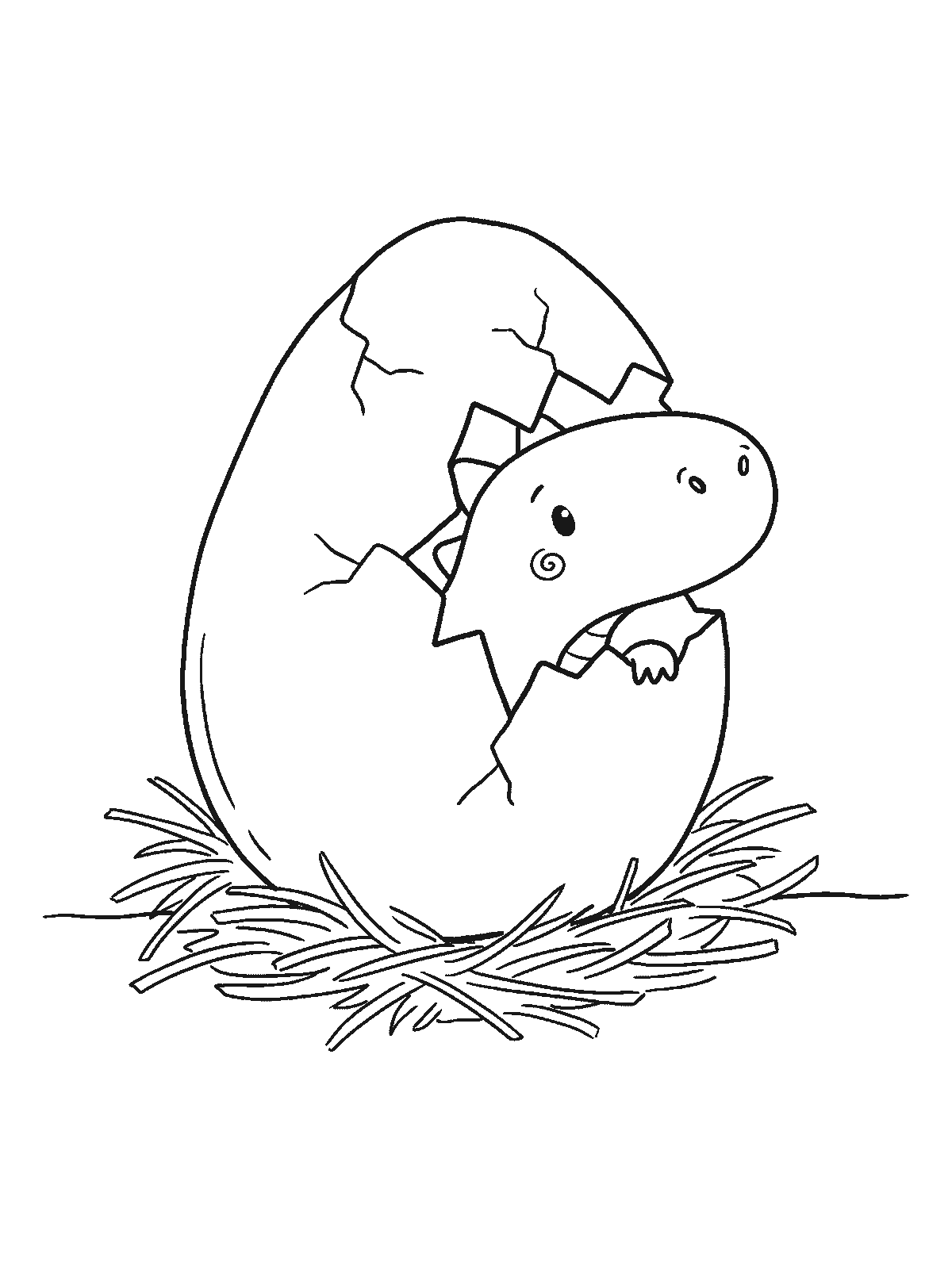 Coloring page: a large cracked dragon egg in a nest of straw with a tiny dragon snout and one eye peeking out through the crack
