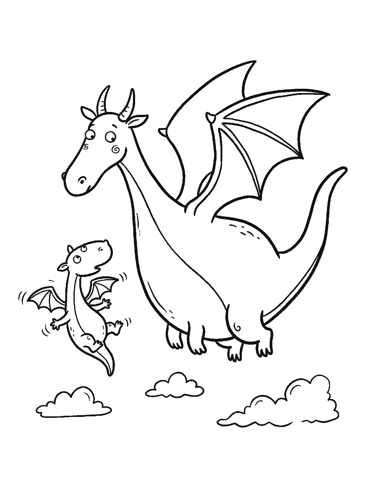 Coloring page: a big dragon flying slowly with its wings out while a small baby dragon beside it flaps hard trying to copy, simple clouds around them