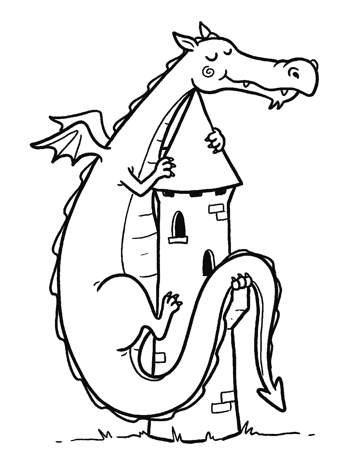 Coloring page: a long friendly dragon curled around a castle tower like a sleeping cat, its chin resting on the roof and its tail hanging down