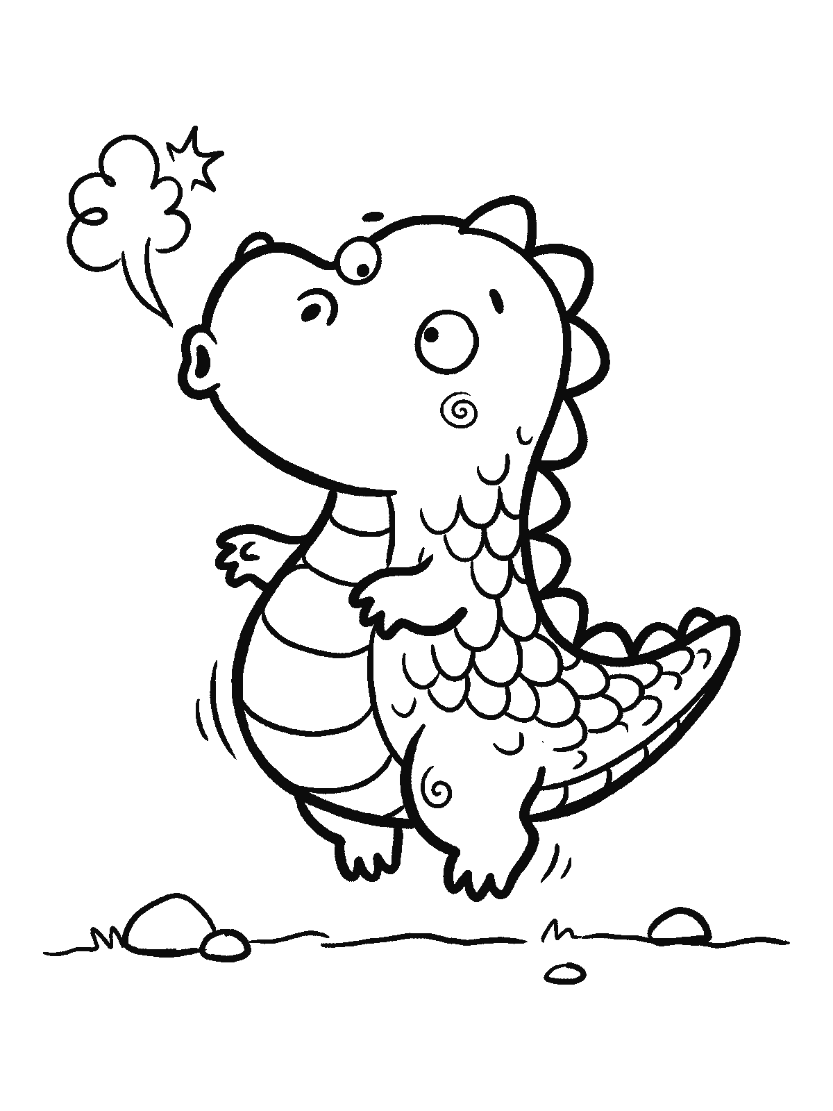Coloring page: a small round baby dragon with hiccups, a tiny puff of smoke popping out of its snout with each hiccup, looking surprised