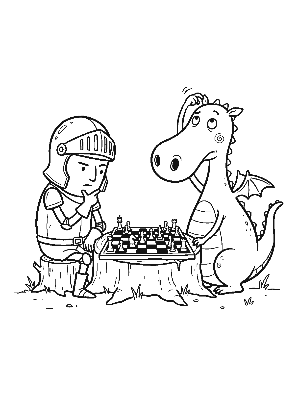 Coloring page: a knight in simple armour and a dragon sitting on opposite sides of a chessboard on a tree stump, both thinking hard about the next move