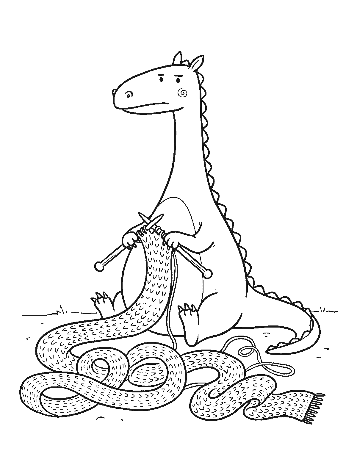 Ausmalbild: Ein Drache mit Stricknadeln in den Vorderklauen strickt an einem viel zu langen Schal, der sich in Schlingen am Boden ringelt
