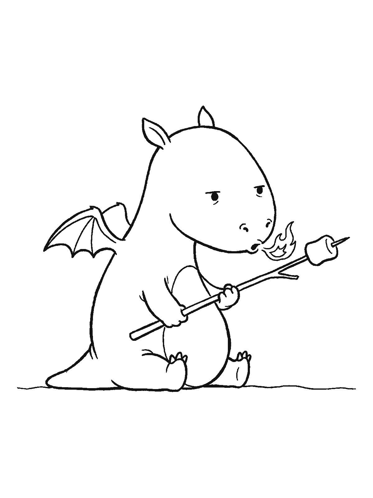 Ausmalbild: Ein kleiner Drache sitzt am Boden und hält einen Stock mit Marshmallow über seine eigene kleine Flamme und schaut genau hin
