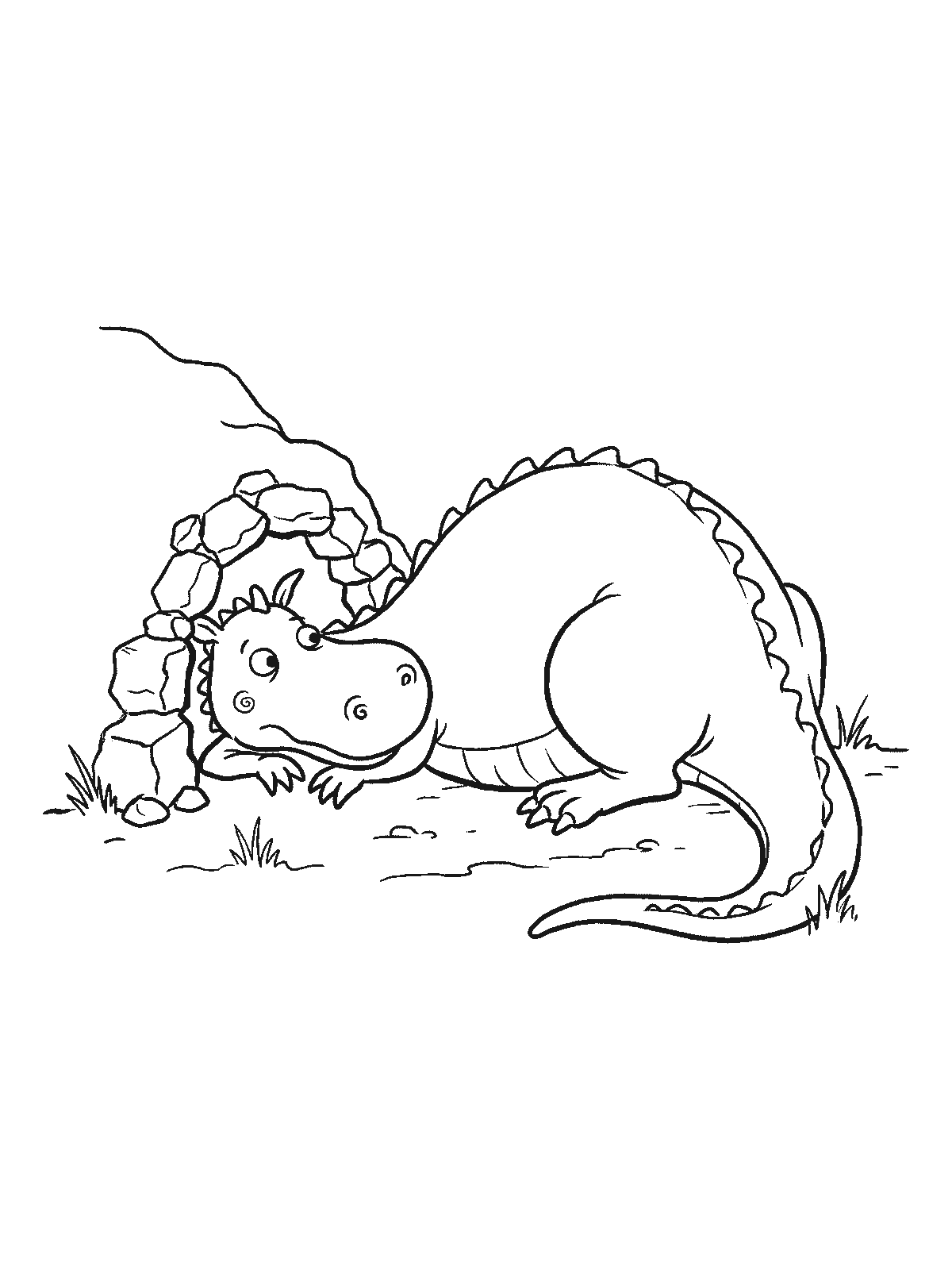 Ausmalbild: Ein großer Drache hat nur Kopf und Vorderpfoten in einer kleinen Höhlenöffnung, während Körper und langer Schwanz draußen liegen