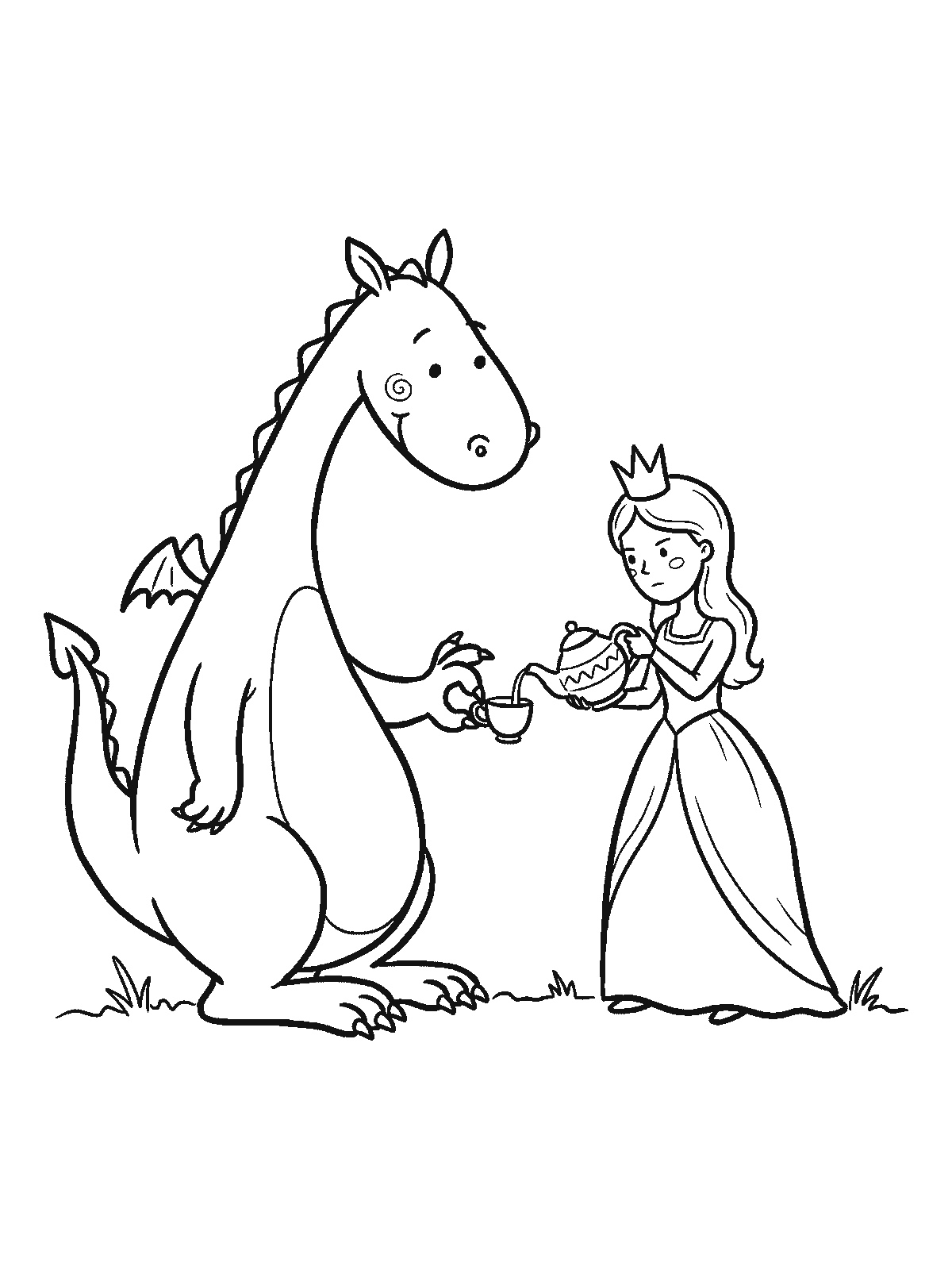 Coloring page: a big friendly dragon holding a tiny teacup very carefully in one claw while a princess pours tea for it from a teapot