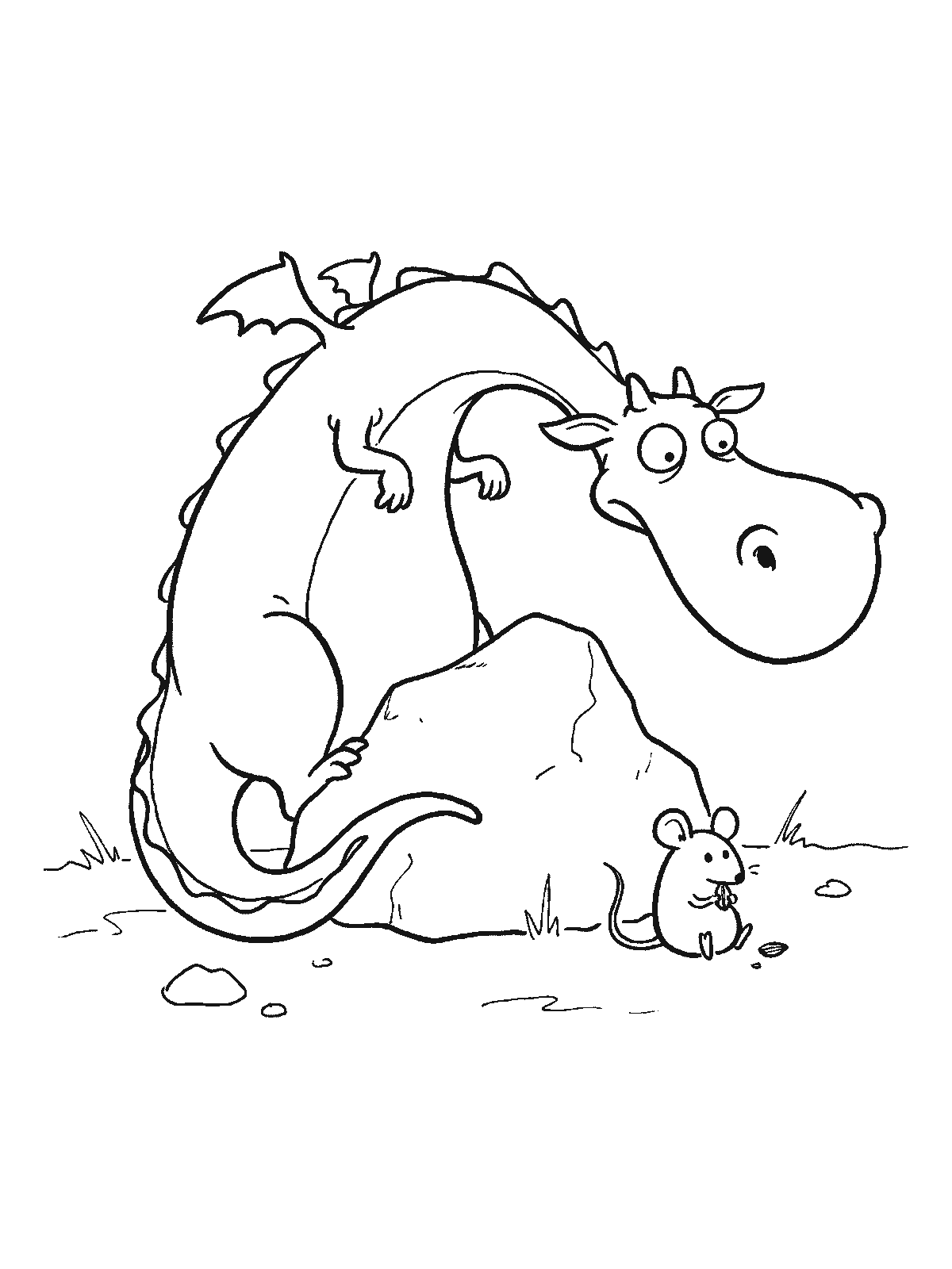 Coloring page: a big dragon hiding behind a small rock with its eyes wide, peeking at a tiny mouse that is calmly sitting in front of it