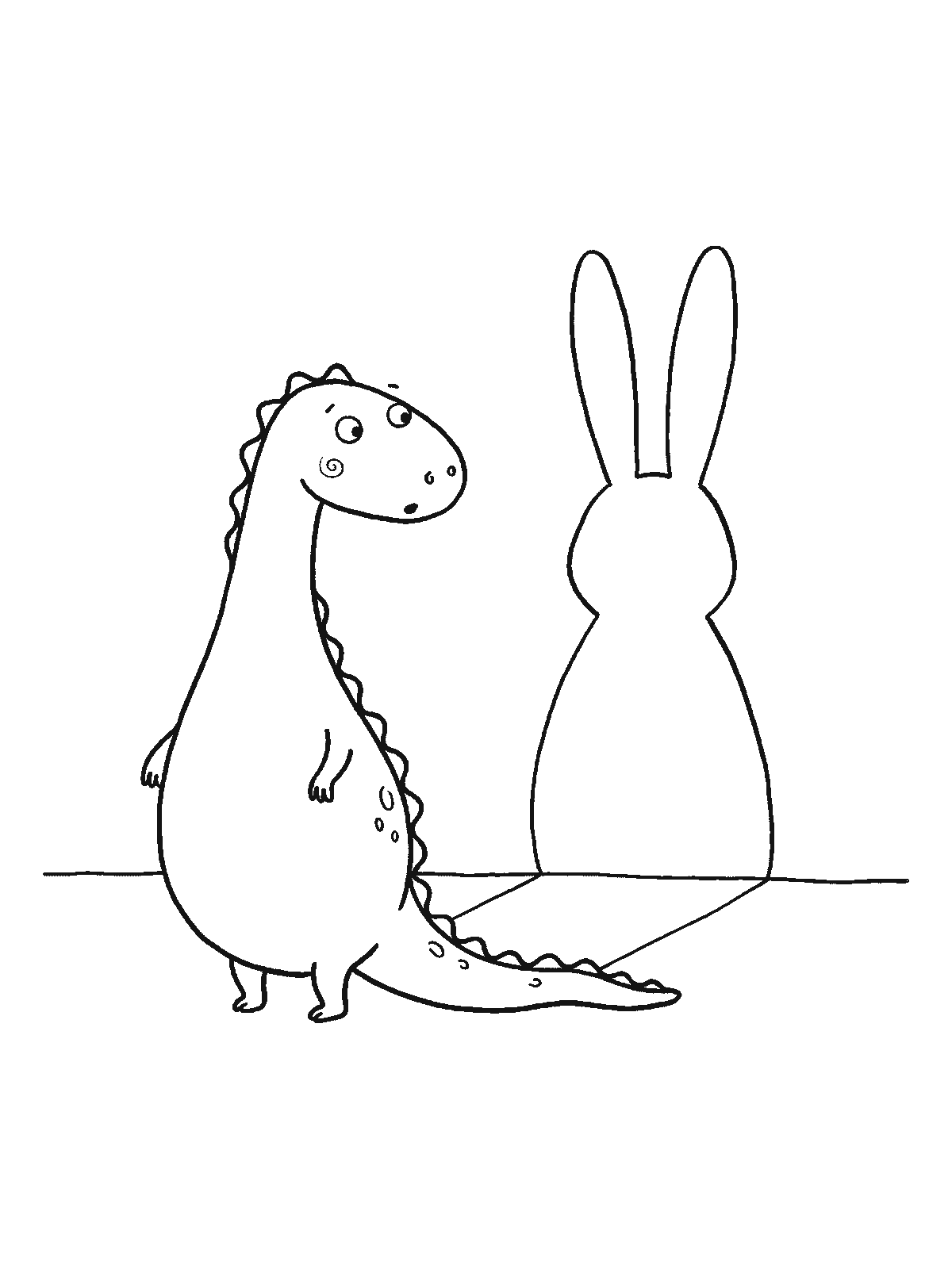 Ausmalbild: Ein Drache steht stolz vor einer hellen Wand, während sein Schatten dort genau wie ein Hase mit zwei langen Ohren aussieht