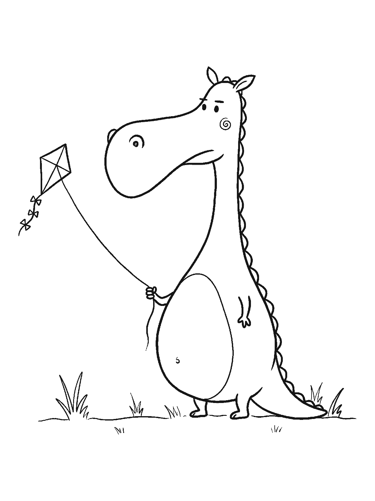 Ausmalbild: Ein großer Drache steht auf einer Wiese und hält die Schnur eines Papierdrachens, der viel kleiner ist als sein eigener Kopf