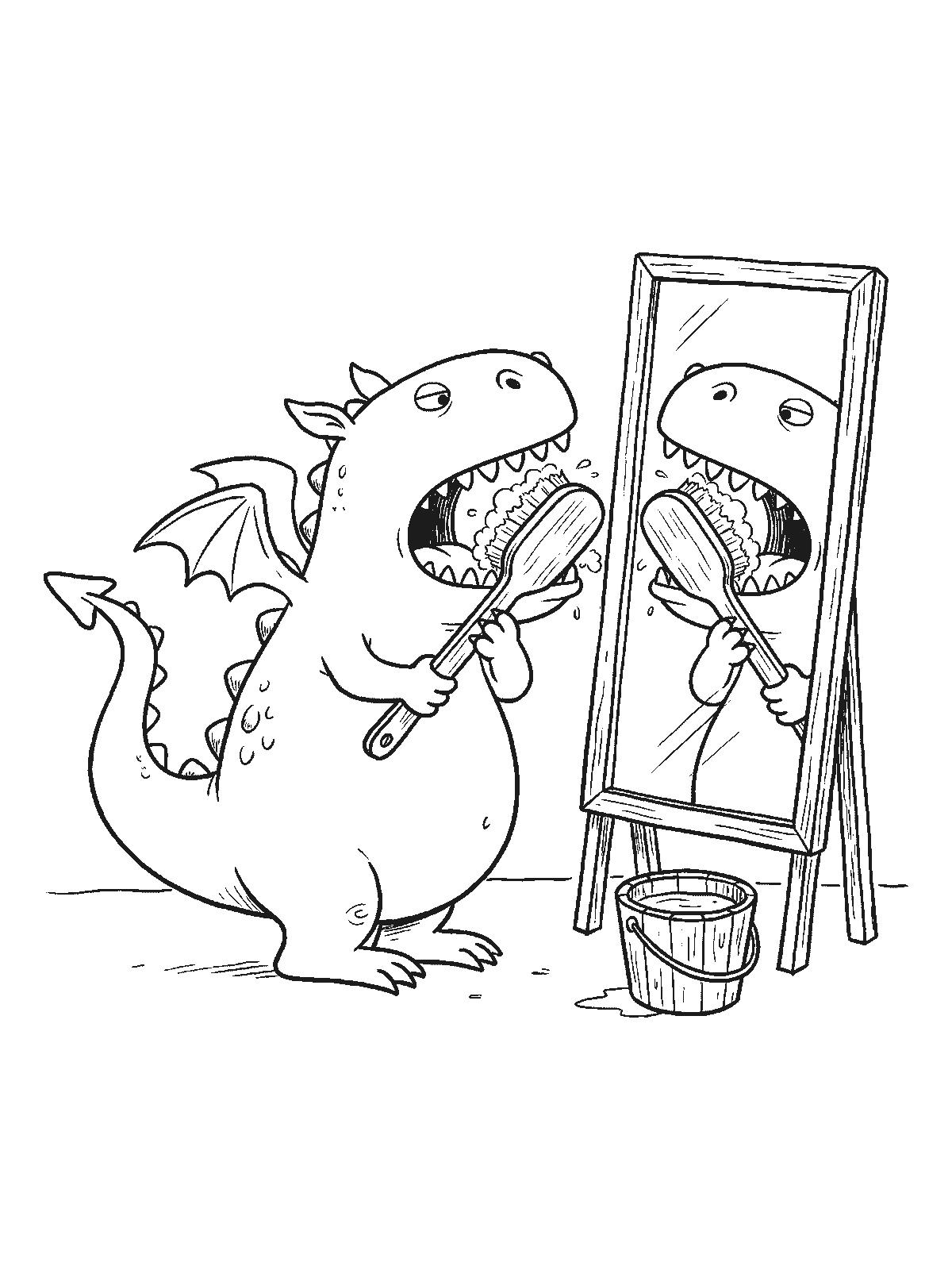 Printable coloring page: a dragon with its mouth wide open brushes its teeth with a big brush in front of a tall standing mirror showing its reflection