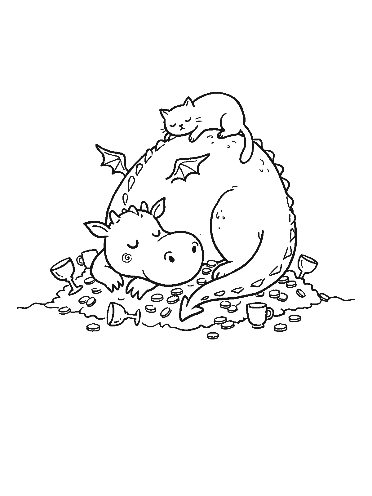 Coloring page: a dragon fast asleep curled around a pile of coins and cups, with a cat sleeping on top of the dragon's back
