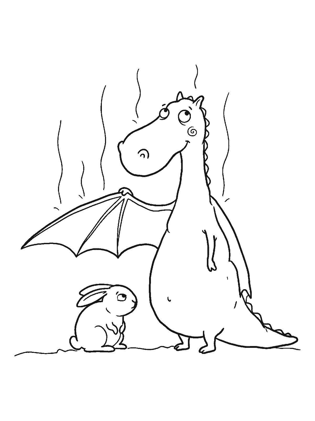 Ausmalbild: Ein Drache breitet einen Flügel wie einen Schirm über einen kleinen Hasen aus, während es regnet, und bleibt selbst im Nassen