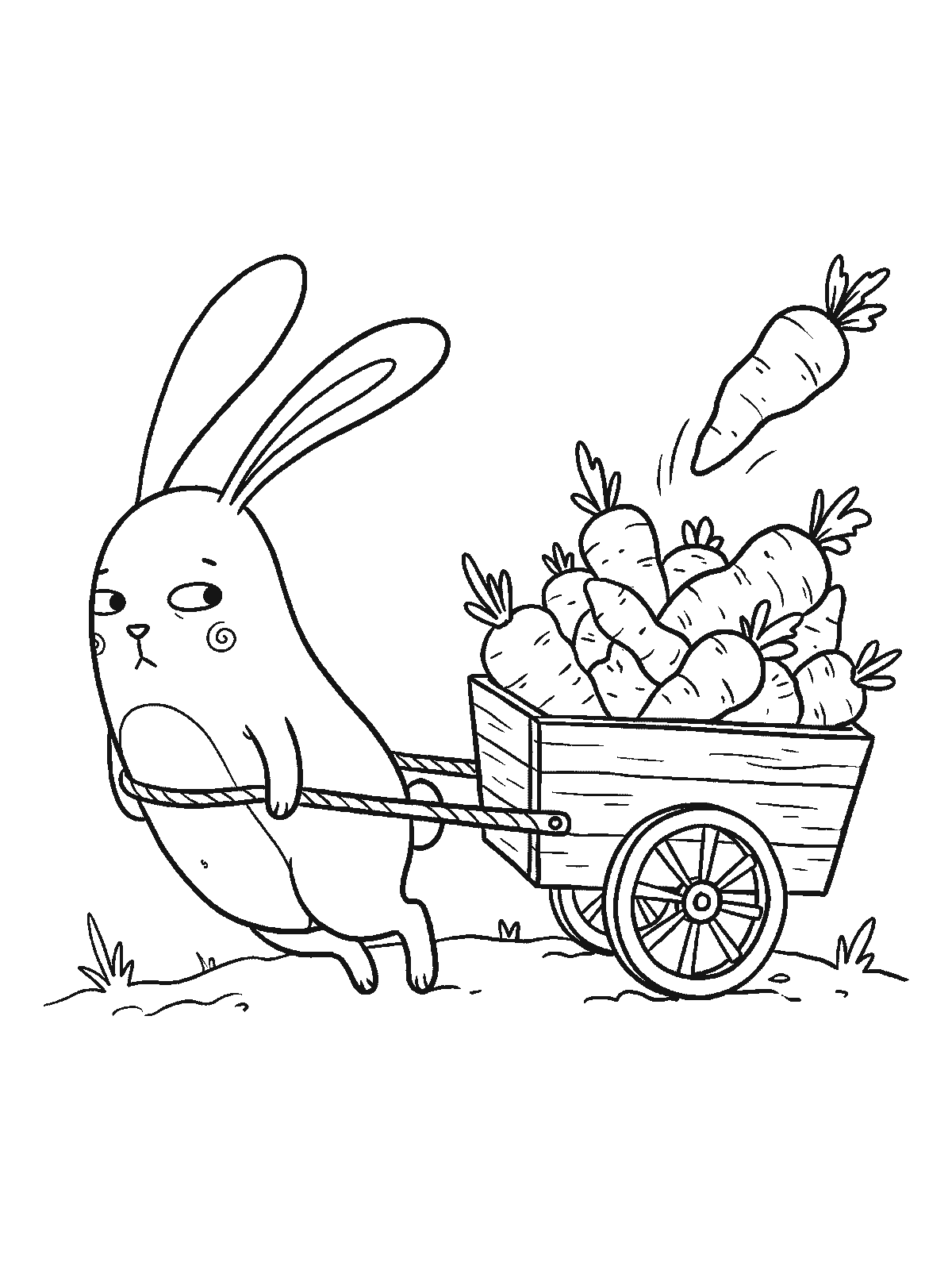 Ausmalbild: Ein Hase zieht einen kleinen zweirädrigen Wagen voller Karotten, eine Karotte hüpft oben vom Haufen