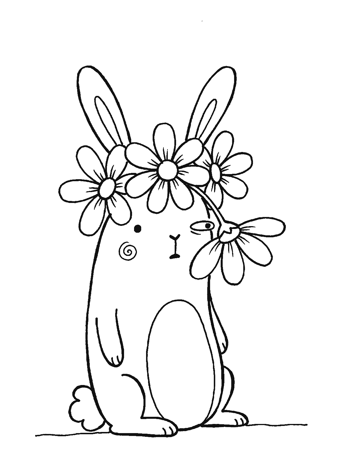 Ausmalbild: Ein Hase sitzt aufrecht und trägt einen Kranz aus fünf großen Blumen um den Kopf, eine Blume hängt über ein Auge