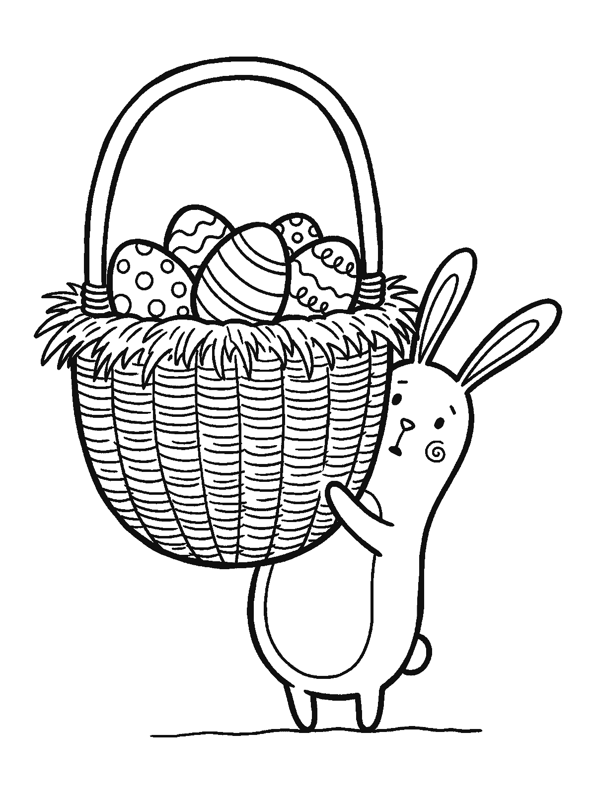 Ausmalbild: Ein Hase steht auf den Hinterbeinen und hält einen Korb voller gemusterter Ostereier, der höher ist als er selbst, und schaut seitlich daran vorbei