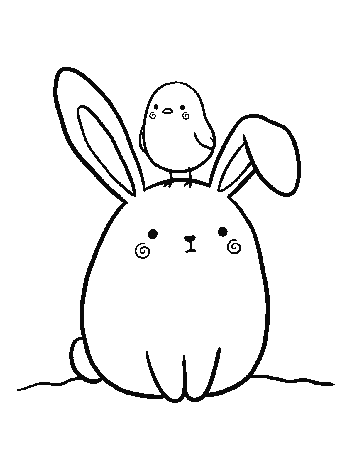 Ausmalbild: Ein ruhiger Hase sitzt still, auf seinem Kopf steht zwischen den Ohren ein kleines Küken, beide schauen geradeaus