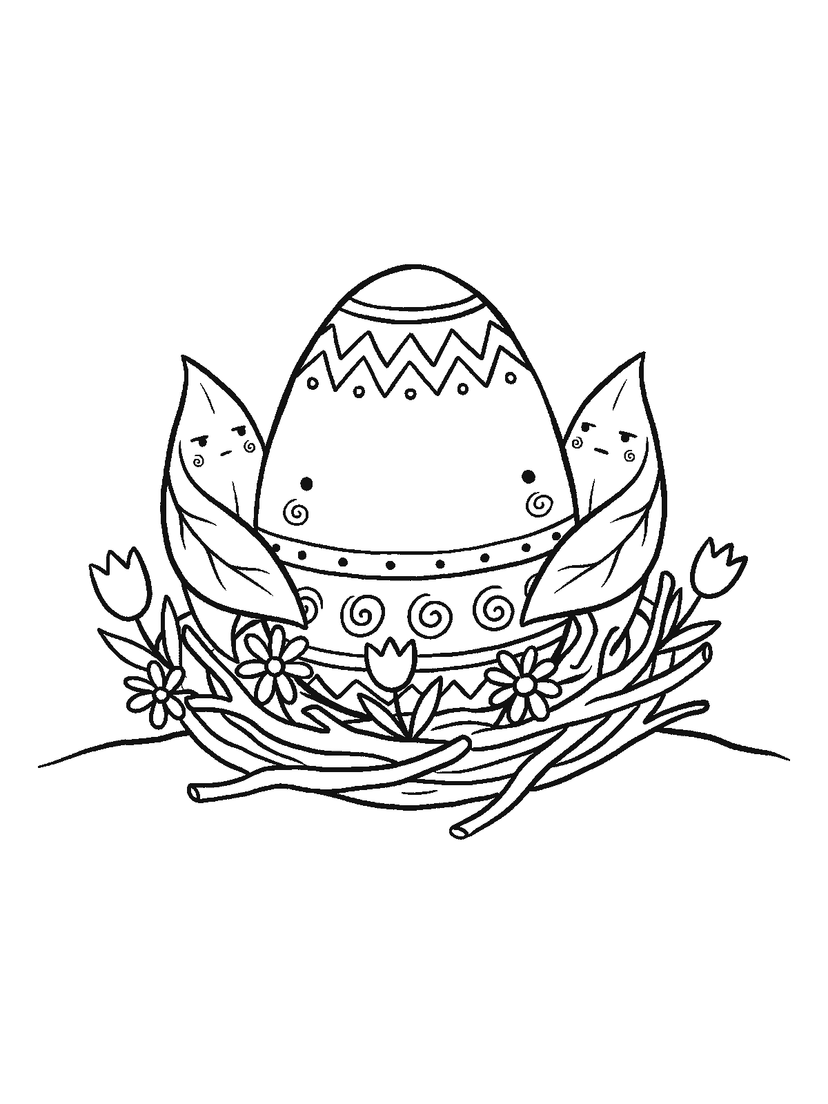Ausmalbild: Ein großes verziertes Ei liegt in einem runden Nest aus geschwungenen Stängeln und Frühlingsblumen, zu beiden Seiten ringeln sich zwei Blätter