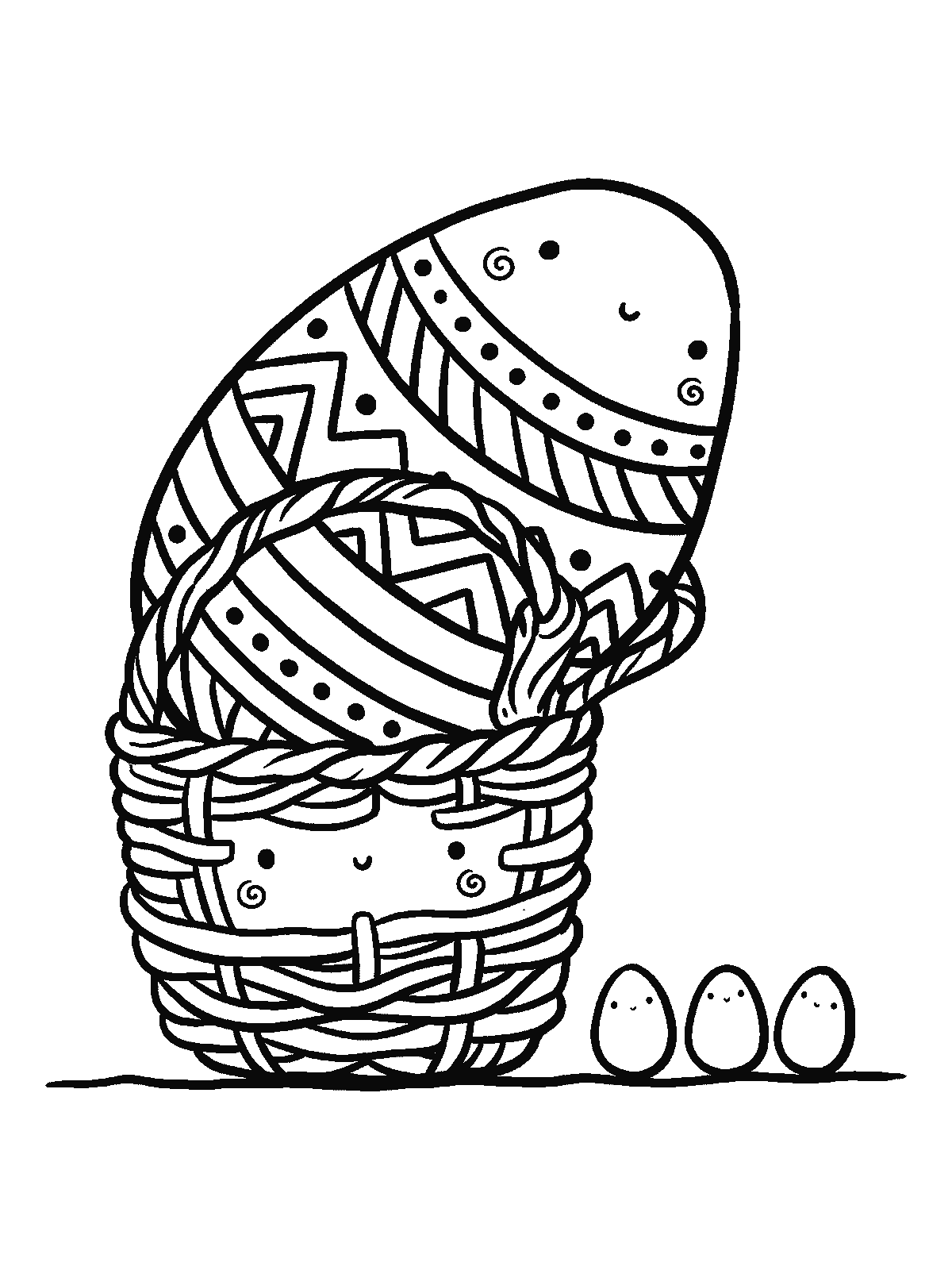 Ausmalbild: Ein kleiner Korb mit einem riesigen gemusterten Ei, das den ganzen Korb füllt und weit über den Rand ragt, daneben drei winzige Eier