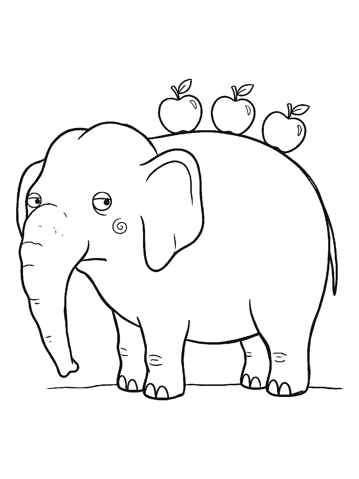 Coloring page: an elephant stands calmly with three round apples sitting in a row along its back