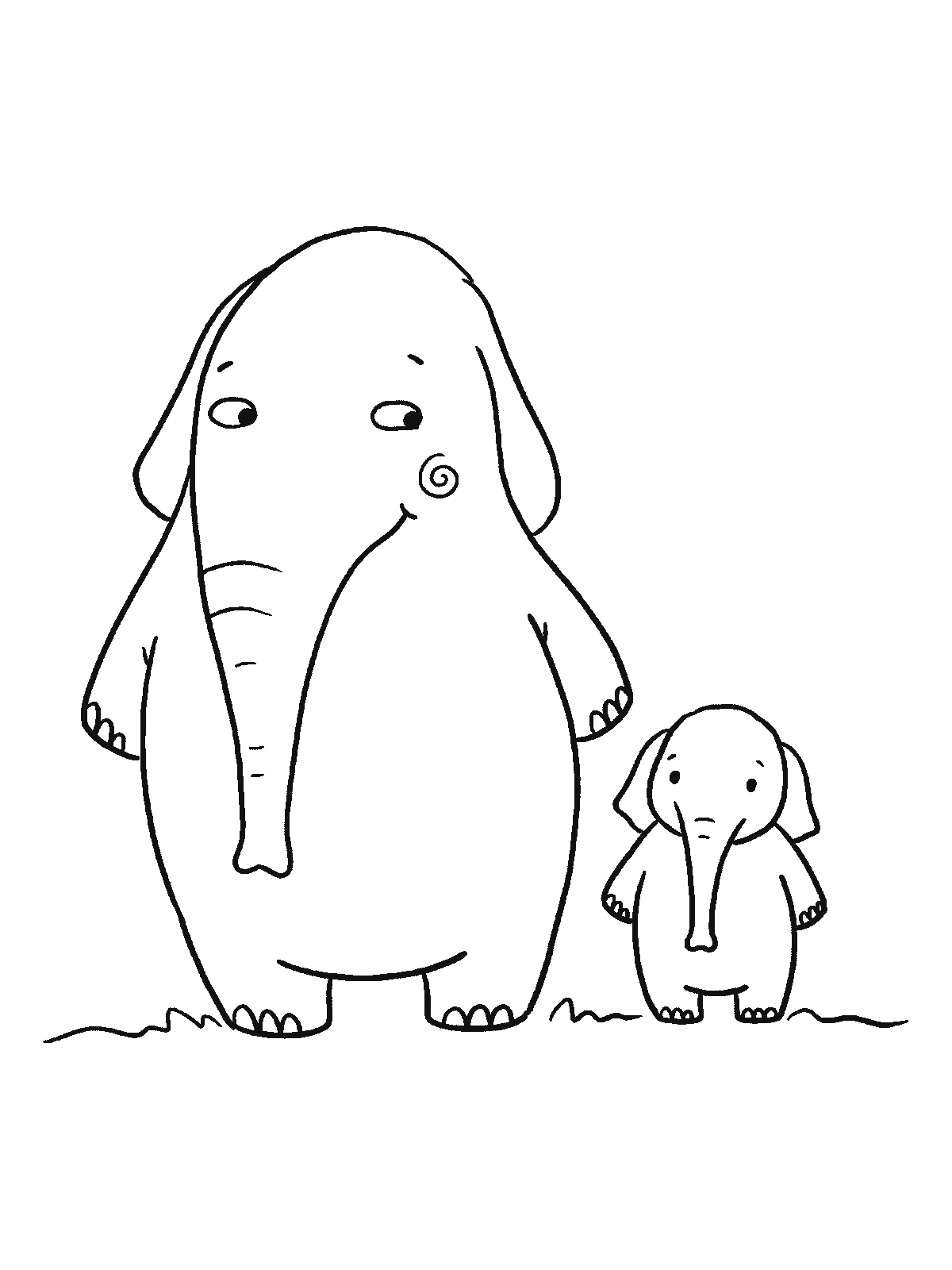 Ausmalbild: Ein großer Elefant und ein viel kleineres Elefantenbaby stehen nebeneinander, beide nach vorn gewandt, die Rüssel hängen herab