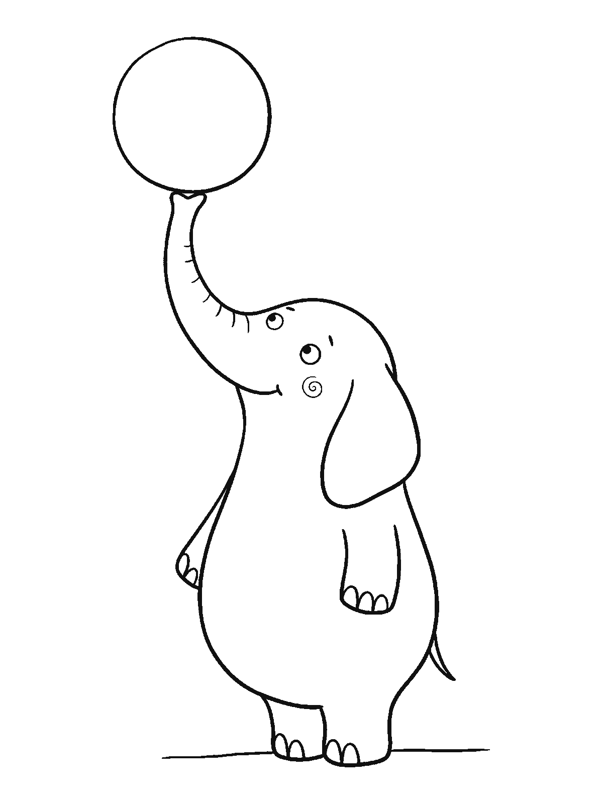 Ausmalbild: Ein Elefant steht und balanciert einen großen runden Ball auf der Spitze seines erhobenen Rüssels
