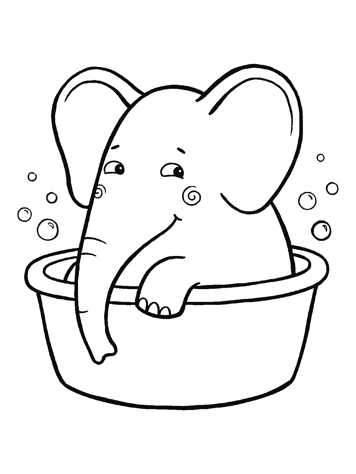 Coloring page: an elephant sits in a round tub surrounded by bubble circles, with its trunk resting over the edge of the tub